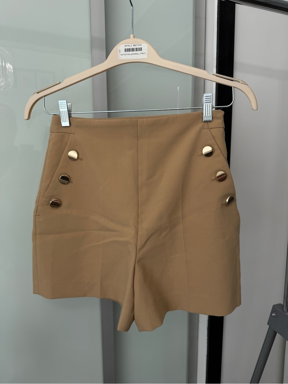 High-Waist Tan Tailored Shorts with Gold Buttons